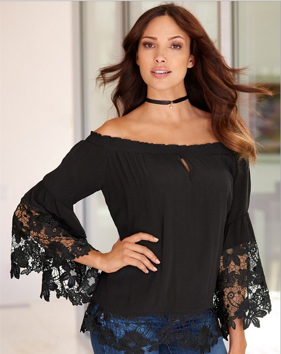 F2488-1 Off The Shoulder Lace Trim Blouse